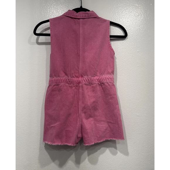 Zara Pink Denim Romper Girls Size 6 Years Frayed Hem Button Front Pockets Boho - Picture 4 of 6